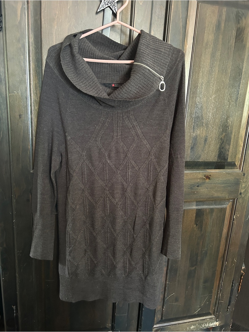 MXM Dark Brown Cable-Knit Cowl Neck Sweater with Zip